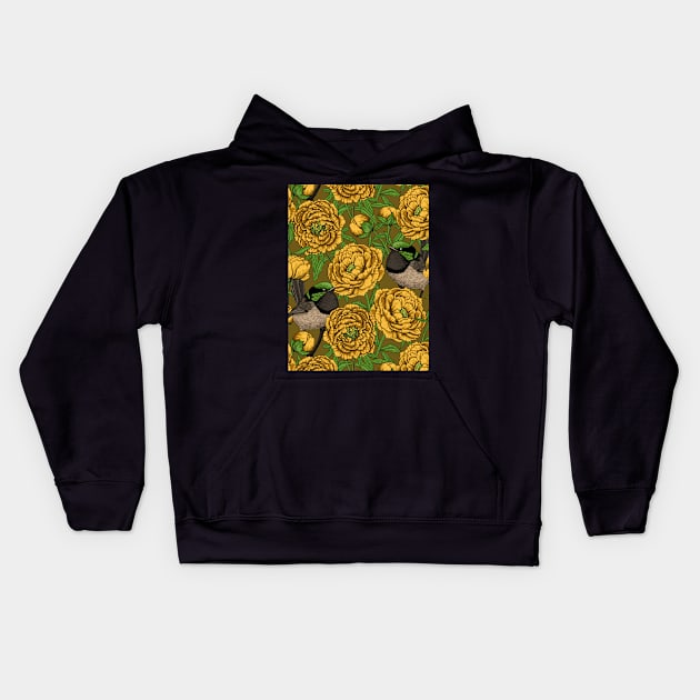 Yellow Peonies and wrens Kids Hoodie by katerinamk